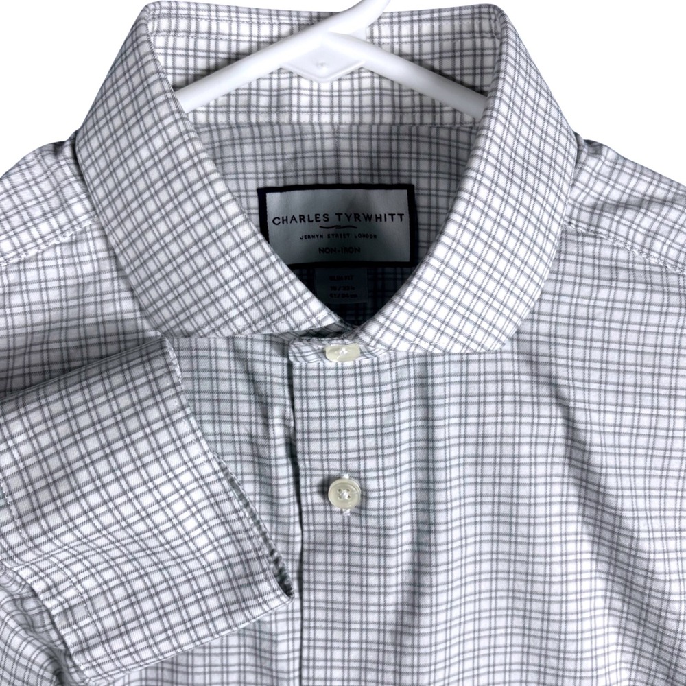 Charles Tyrwhitt Dress Shirt Mens 16/33 White Grey Slim Fit Non-Iron Stretch